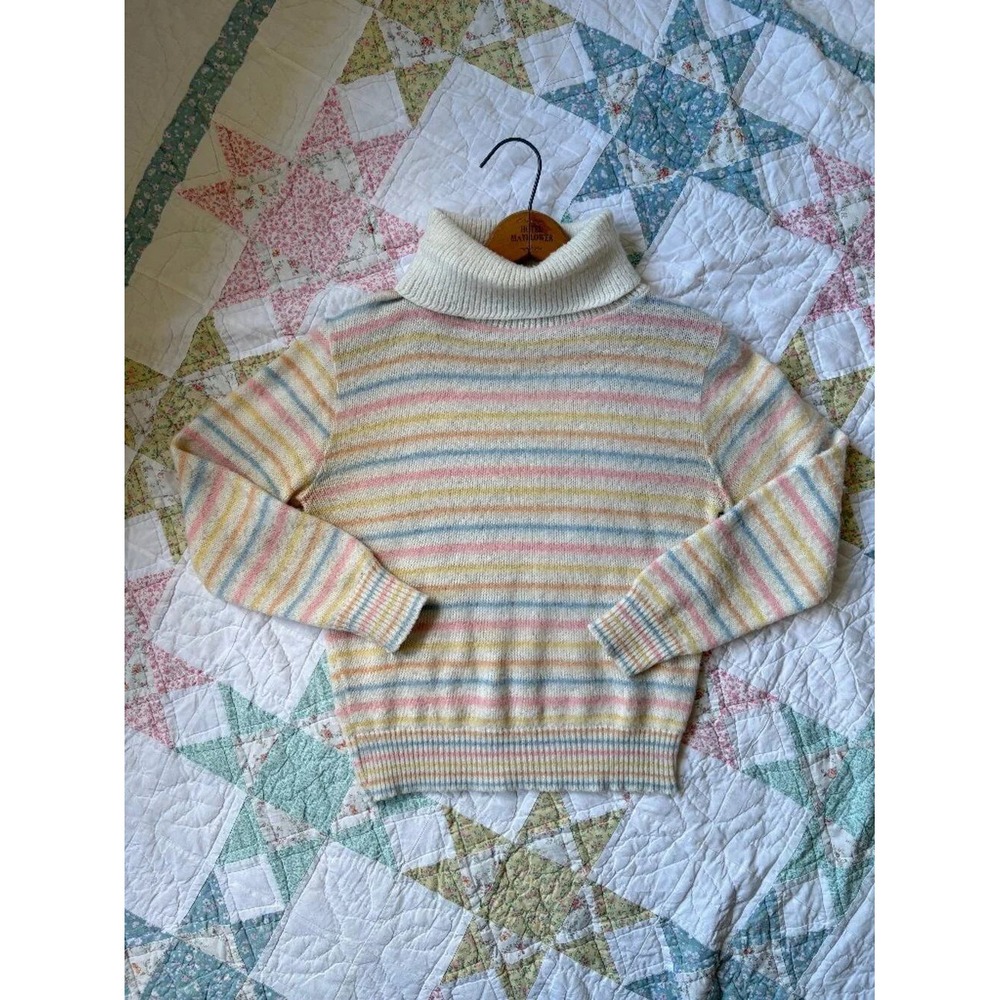 Vintage 60s 70s Pastel Striped Sweater 4 Small Turtleneck Rainbow Cottagecore